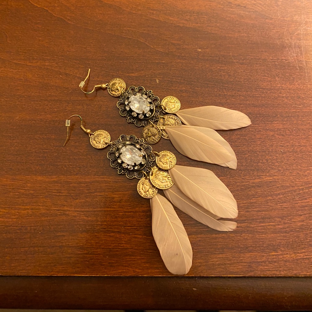 Cute Coin Feathered Earring Pair 16$